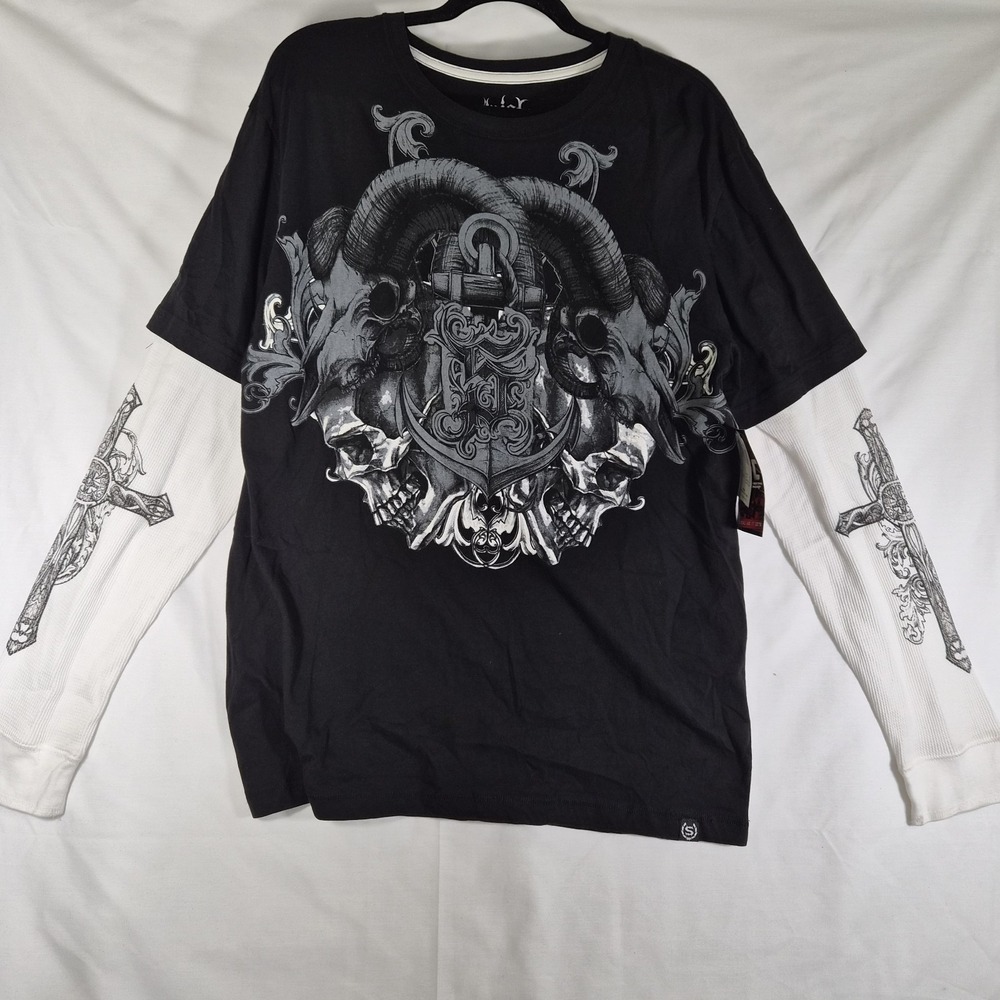 Y2k Sinister Brand Skull Thermal Layered Shirt Mens Large NWT Gothic Biker MMA